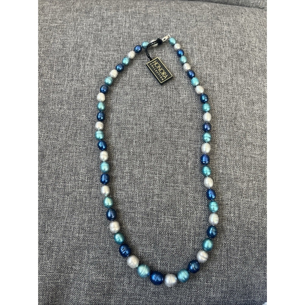 BLUE TWO TONE LUSTER GENUINE Pearl HONORA NECKLACE 925 STERLING SILVER
